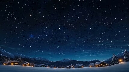 A breathtaking view captures a majestic snowy mountain peak under a star-filled sky, surrounded by evergreen trees in a fantastical setting