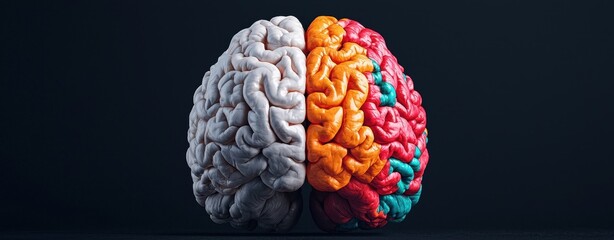 A detailed 3D illustration of a brain with colorful sections representing different functions, symbolizing neuroscience, creativity, and cognition.