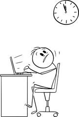 Office worker working on computer and looking at wall clock , vector cartoon stick figure or character illustration.