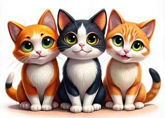 Obraz premium Adorable Cartoon Cats in Orange, Black, and White - Perfect for Pet Lovers and Illustrations