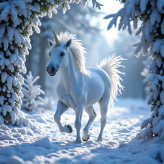 Majestic unicorn running through a snow covered forest path under soft winter light, digital art of fantasy concept.