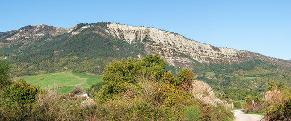 View of the majestic Carpegna Mount in the district of Pesaro and Urbino  in the Montefeltro region of the Italian Marches.