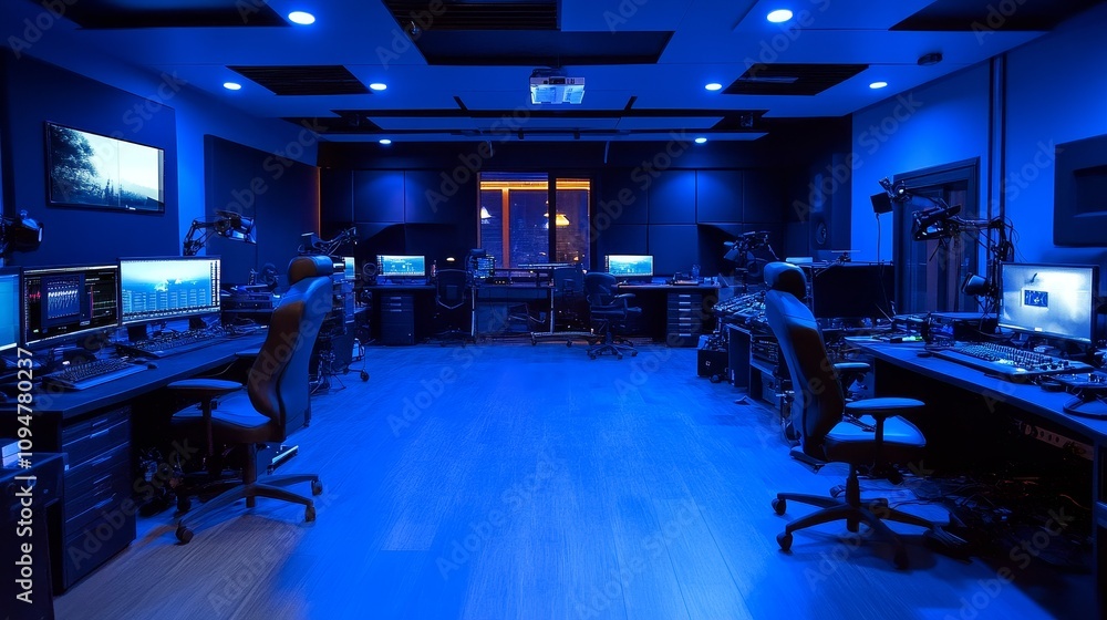 Poster a blue-lit computer lab with multiple workstations and monitors