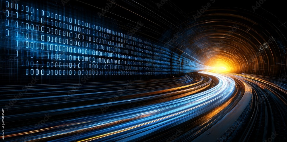 Poster A 3D visualization of a futuristic highway running through a city of binary towers, symbolizing big data, machine learning, stock markets, hyperloop, virtual reality, and high-speed networks.