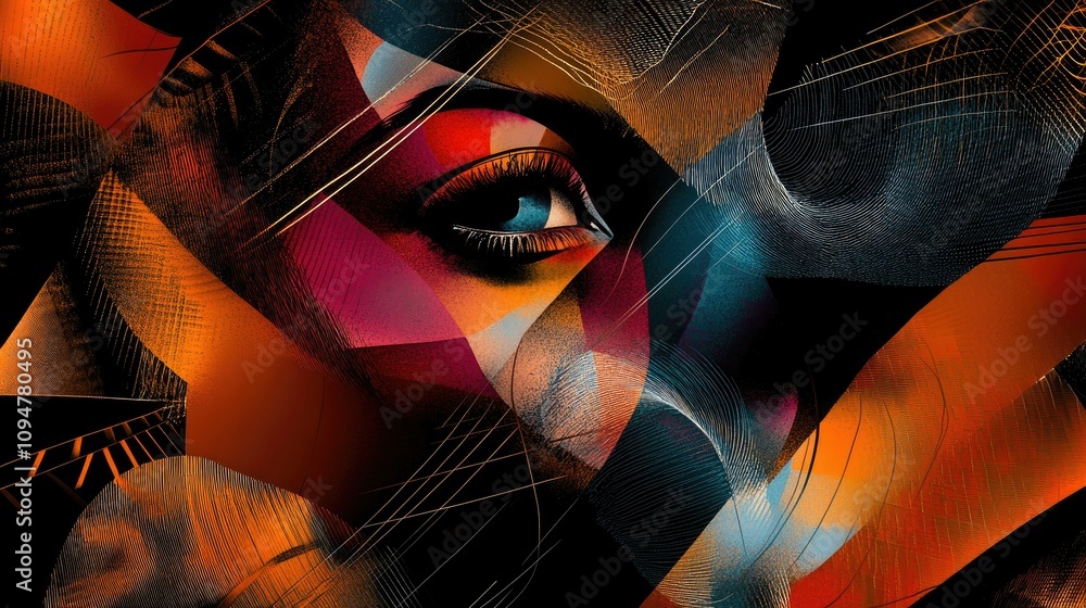 Poster a creative abstract graphic design with geometric visuals and dynamic colors, forming a modern, eye-