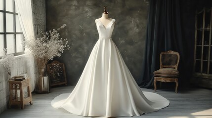 A classic and elegant white wedding dress on a mannequin in a bridal shop, ideal for advertising wedding celebrations and bridal fashion trends