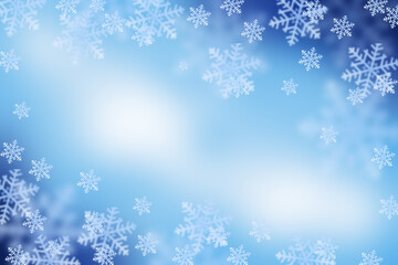 Christmas blue background with snowflakes. Magical atmosphere of winter.