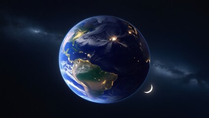 Fototapeta premium Serene Nightly Planet Earth Suspended in the Cosmos with Glow isolated on transparent. PNG.