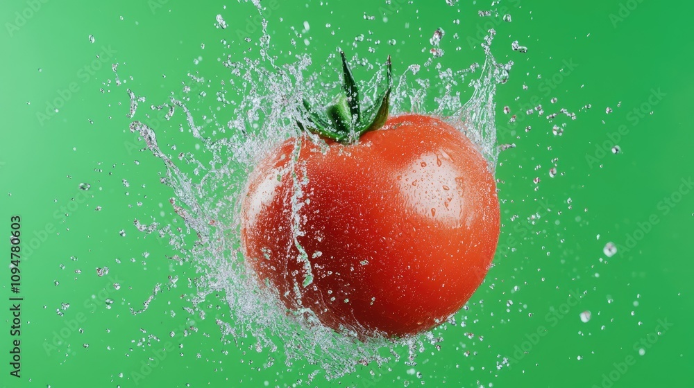 Poster a dynamic tomato bursting open with water splashing in all directions, set against a vivid green bac