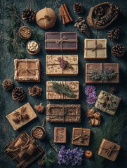 Artisan handmade soap display with herbs natural ingredients rustic setting flat lay view eco-friendly lifestyle inspiration