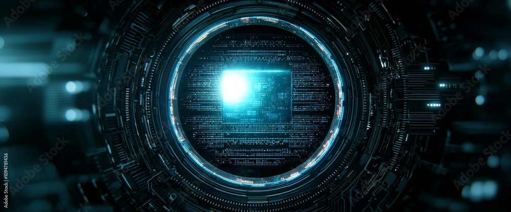 Poster a high-tech 3d illustration of a glowing blue lens surrounded by intricate digital circuits, symboli
