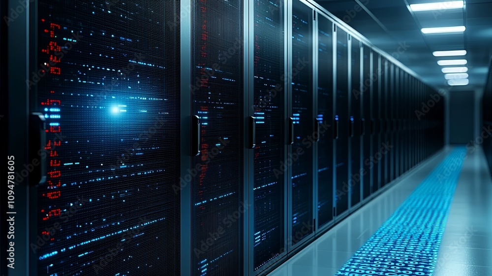 Aufkleber A working data center brimming with rack servers and supercomputers, symbolizing current telecommunications and cutting-edge supercomputer technology, presented in a conceptual 3D image.
