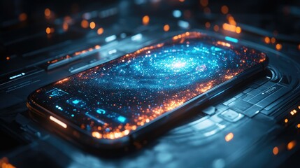 A futuristic smartphone displaying a vibrant galaxy on its screen, surrounded by glowing elements.