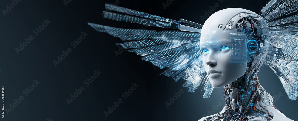 Aufkleber Close-up of a humanoid robot face with futuristic modern tech, chatbot assistance, and auto conversation, featuring background copy space. A digital AI stock concept for future technology.