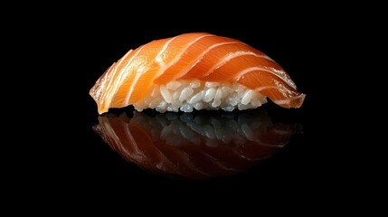 Artful arrangement of salmon nigiri sushi featuring a glossy, pink slice of fish resting atop sticky rice, perfect for food photography with minimal styling