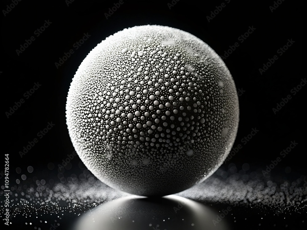 Poster abstract macro photography of white dotted sphere with dissolve effect on black background, featurin