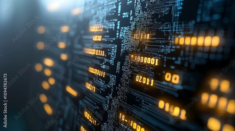 Poster The futuristic blockchain concept, presented in a 3D rendering, illustrates the transfer of big data through interconnected blocks, showcasing the flow of binary code in advanced information