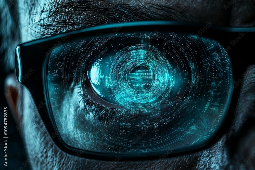 Poster At his desk in a digital identity cybersecurity data center, a software developer or hacker wearing glasses works on a futuristic transparent computer, either hacking or programming.