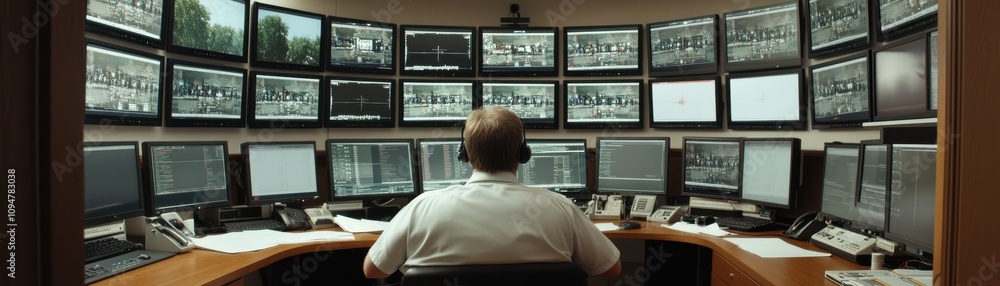 Poster a person monitors multiple screens in a control room, analyzing footage and data for security or sur