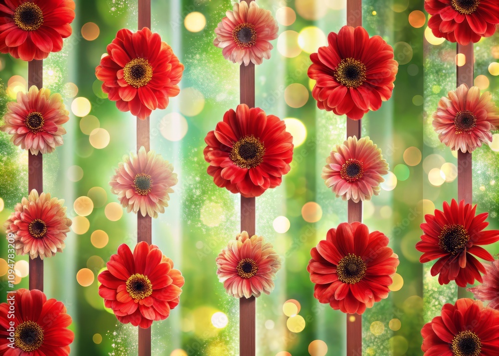 Poster close-up vertical stripes and red flowers texture background with bokeh effect for vibrant and artis
