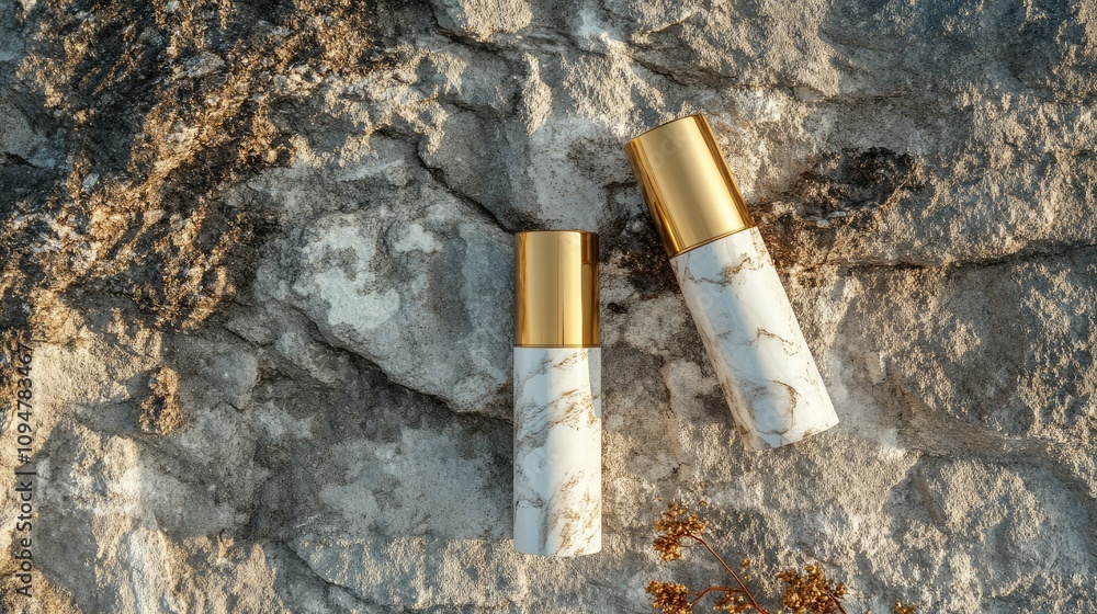Poster high-end cosmetic bottles with golden lids on a raw, rustic cobblestone surface, creating an elegant