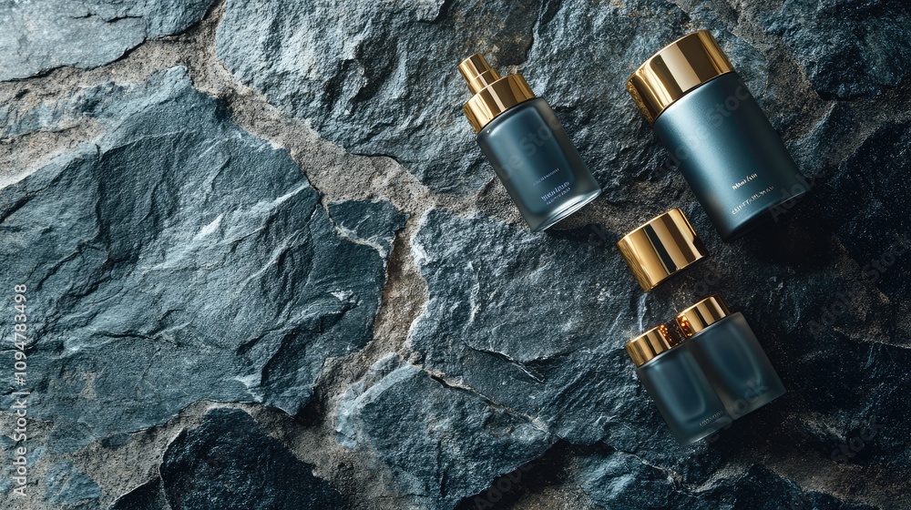 Poster high-end cosmetic bottles with golden lids on a raw, rustic cobblestone surface, creating an elegant