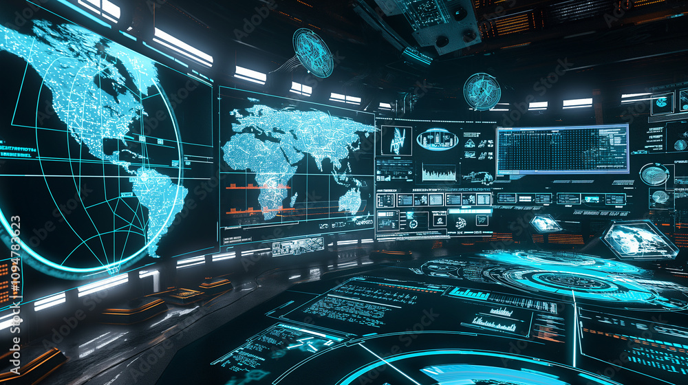 Poster a cybersecurity command center with augmented reality interfaces tracking global threats, showing dy