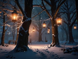 Enchanted Winter Forest: Snow, Lanterns, and a Magical Path