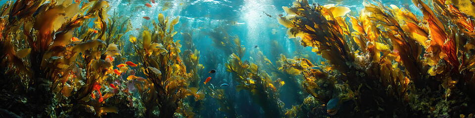 Fototapeta premium Kelp Forest Sanctuary: A vibrant underwater world, teeming with sea life hidden within the towering kelp fronds.