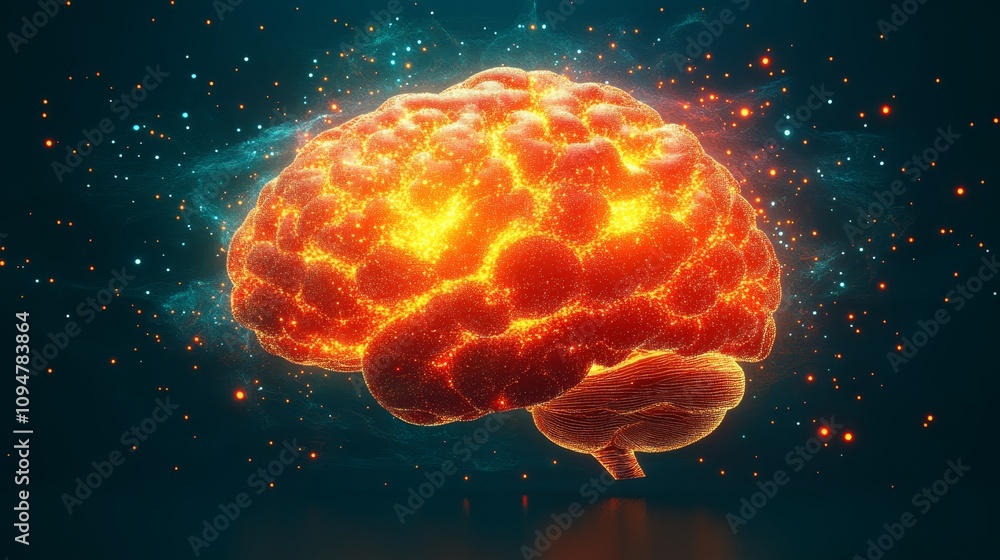 Aufkleber glowing human brain. abstract 3d render of active neurons, synapses, and cognitive functions