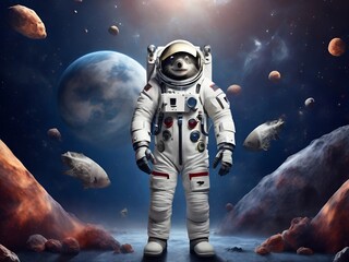 Fototapeta premium Animal Wolf in an astronaut suit in space AI generated