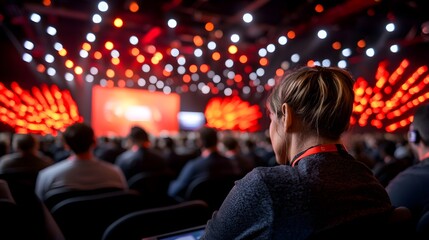 Attendee focused on a vibrant conference presentation
