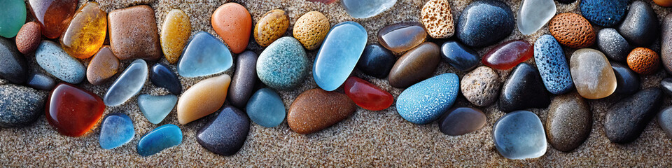 Sea Glass Treasures: A collection of smooth, weathered glass pebbles, scattered along the sand.