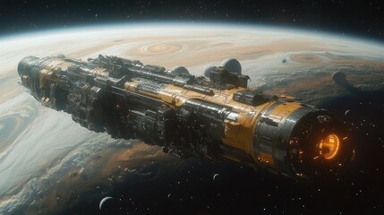 A futuristic spacecraft hovers near a planet, showcasing advanced technology and exploration.