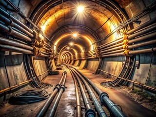 Macro View of an Underground Concrete Utility Tunnel with Pipes and Wires, Illuminated by a Distant Light, Showcasing the Intricate Infrastructure of Subterranean Systems