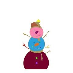 The background is white. The snowman is wearing a hat. The hat is brown with a yellow pom-pom on it. The bottom of the hat is purple. There is a blue circle around the middle of the snowman's head.