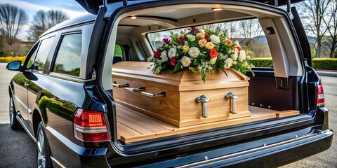 A Black Hearse with a Light Wood Coffin in Trunk for a Funeral Ceremony, Close-Up of a Funeral Casket, Reflecting Somber Farewell and Grief in a Beautiful Setting