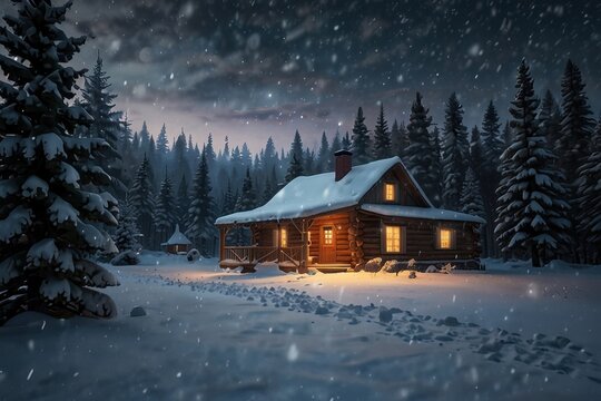 Cozy Cabin in Snowy Winter Forest