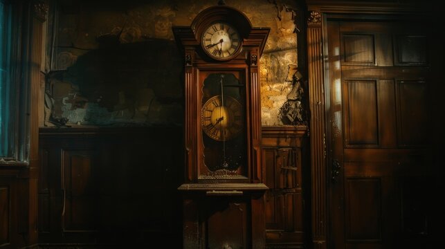 A grandfather clock with a face made of stitched together its pendulum swinging like a deranged metronome.