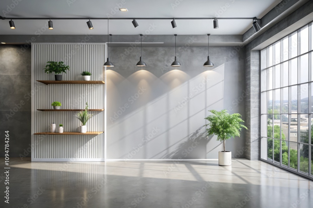 Poster modern studio wall interior background for product display with shadows, white and grey color palett