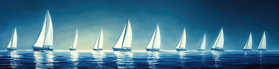 Fototapeta premium Sunlit Sailboats: A dozen sailboats dot the horizon, their white sails billowing in the breeze.