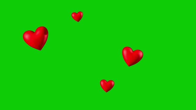 Animation of floating red heart love on green screen, ideal for creative content on the theme of love