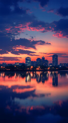 Fototapeta premium Cityscape Reflection at Sunset: A Serene Urban Panorama
