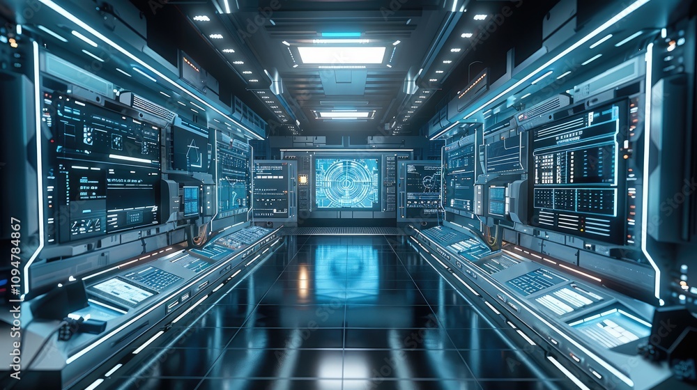 Poster enterprise data center, multiple servers, clean holographic monitoring displays.