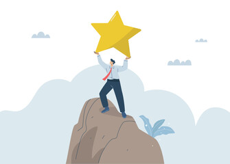 Businessman climbs to the top of the mountain and reaches for the stars, Concept of managing success according to goals, Setting career or organizational goals, Business performance and ambition.