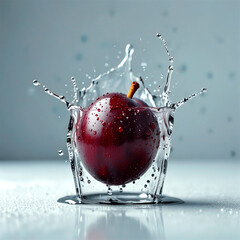 plum on white background, drops and splashes of water
