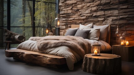 A cozy rustic bedroom with a natural log lampshade beside the bed. The design highlights warm, natural materials and a relaxing atmosphere.