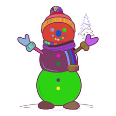 A cartoon snowman is standing in front of a white background. He is wearing a red hat, purple scarf, and a green bottom. He has two mittens on his hands.