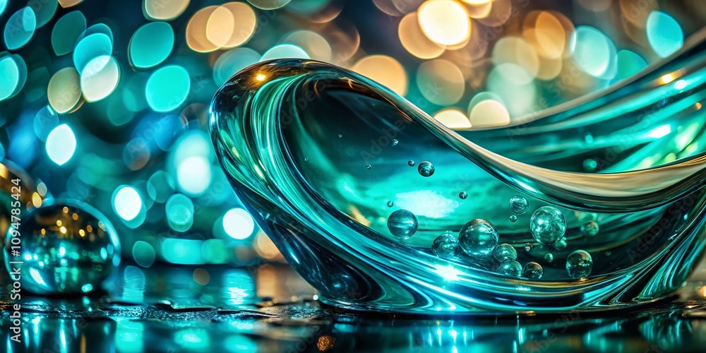 Poster abstract close-up of turquoise glass with fluid shapes and bokeh effect on dark background for artis