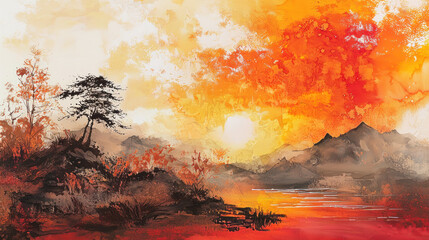 Fiery Sunset Landscape: A breathtaking watercolor painting captures the vibrant hues of a fiery sunset over a tranquil lake, with silhouetted trees and mountains framing the scene. background, 